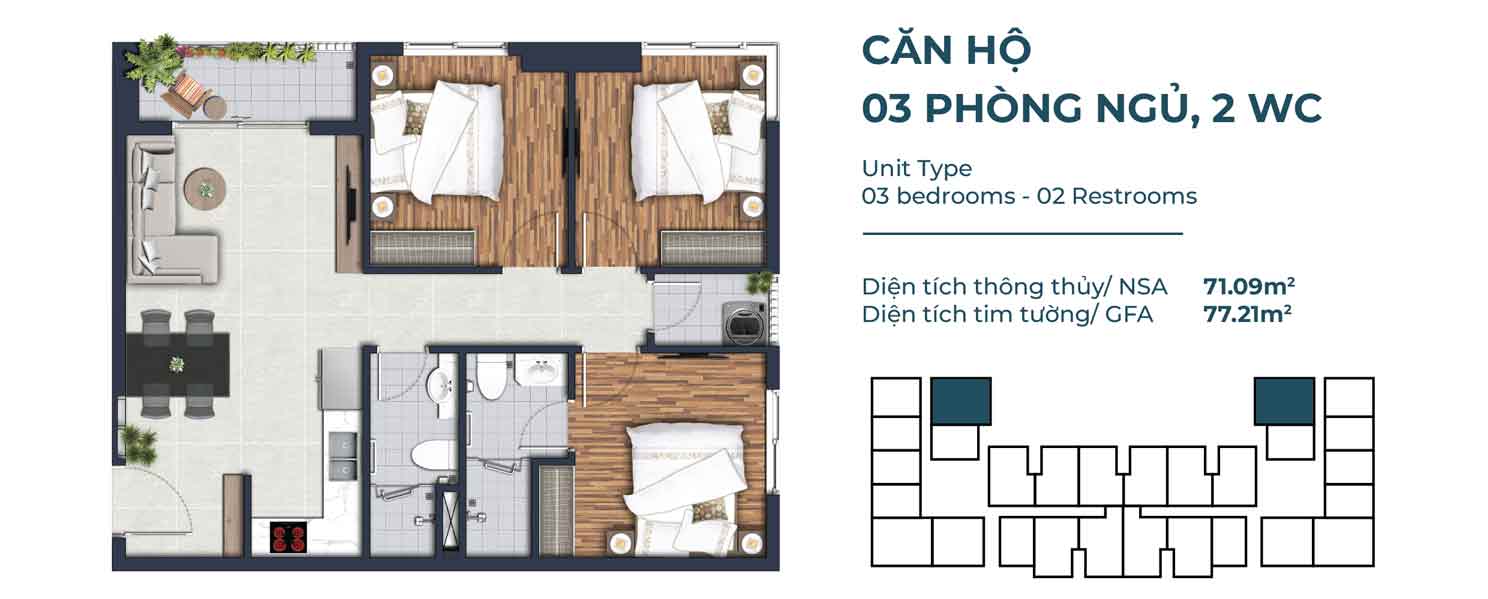 Mặt Bằng Căn Hộ 3 Phòng Ngủ, 2WC