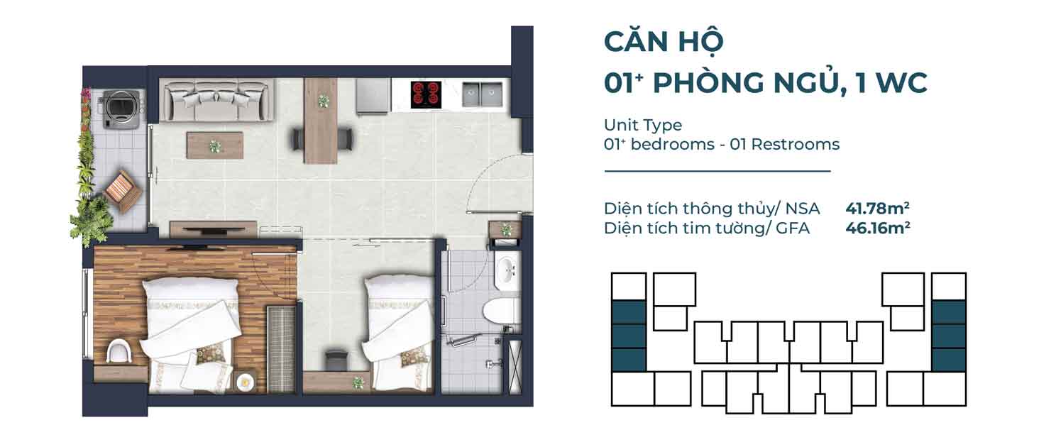 Mặt Bằng Căn Hộ 1+ Phòng Ngủ, 1wc