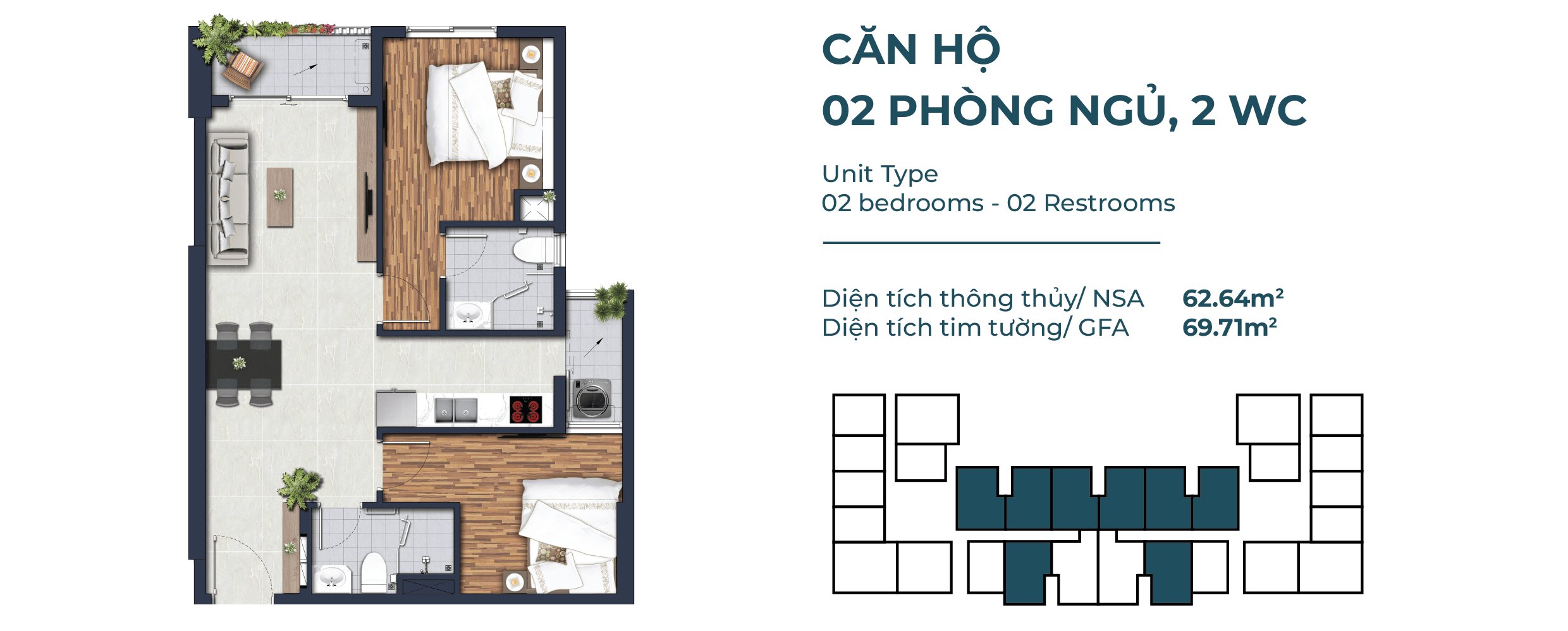Mặt Bằng Căn Hộ 2 Phòng Ngủ, 2WC