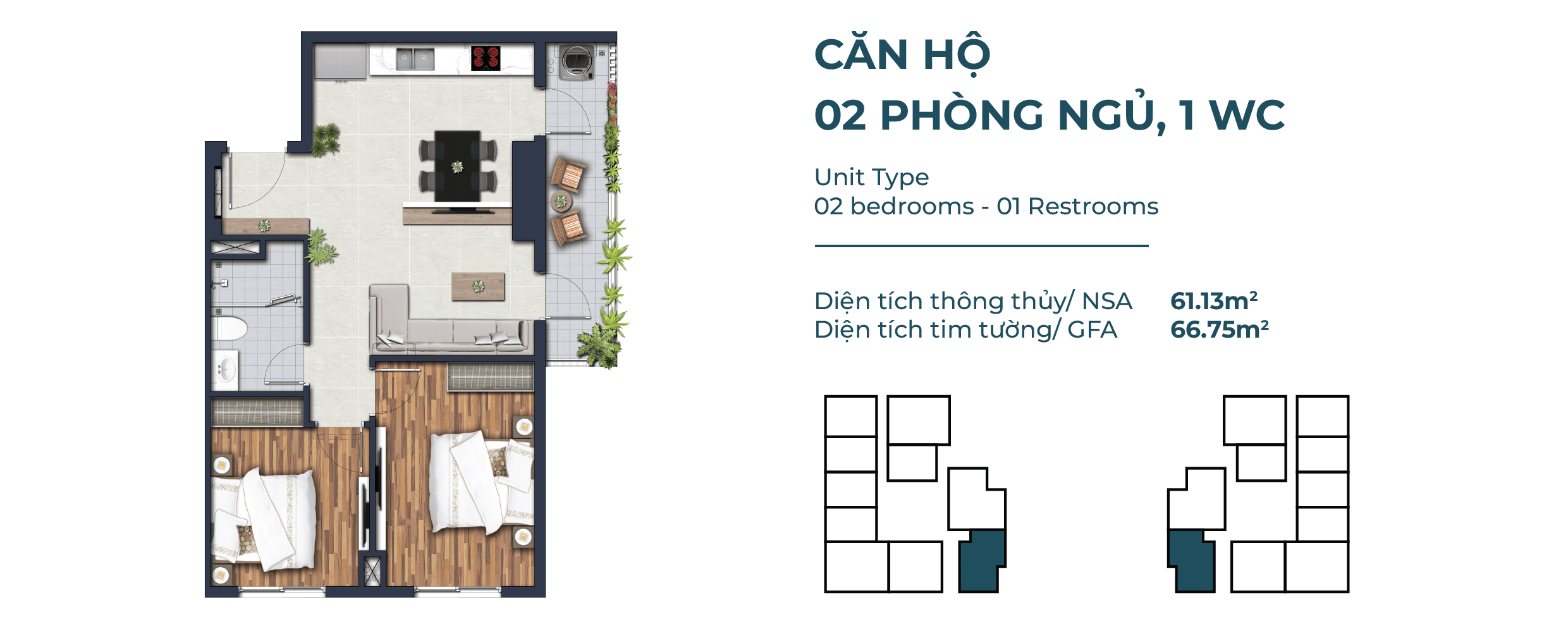 Mặt Bằng Căn Hộ 2 Phòng Ngủ, 1WC