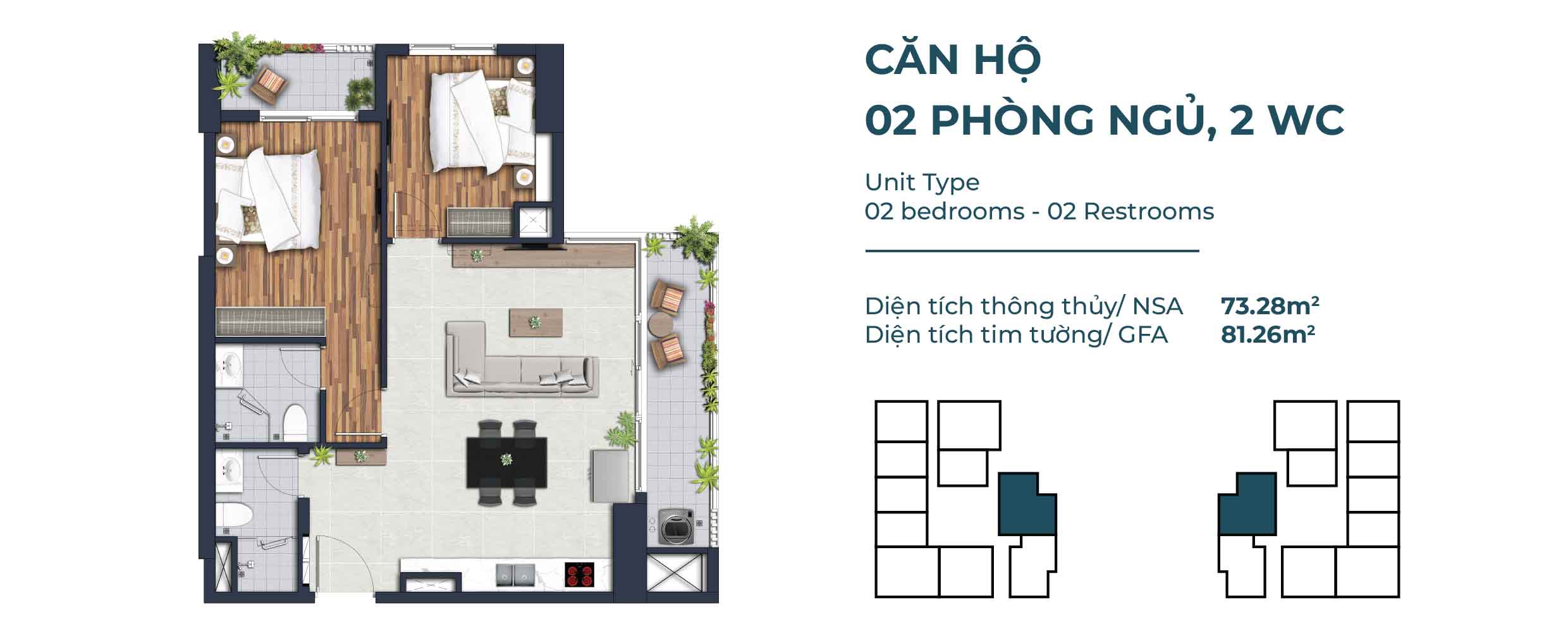 Mặt Bằng Căn Hộ 2 Phòng Ngủ, 2WC