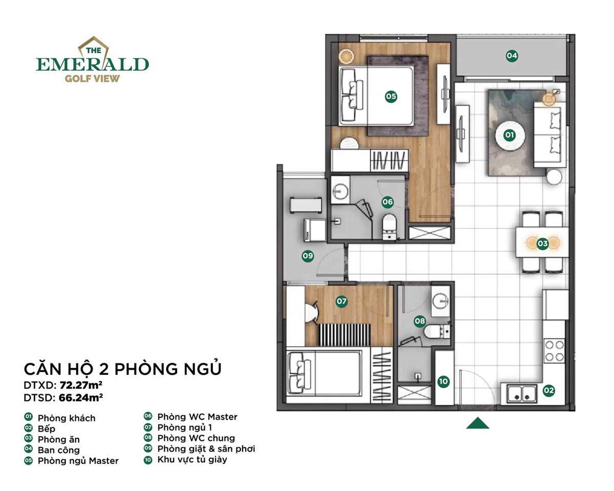 Thiết kế căn hộ 2 phòng ngủ dự án căn hộ Emerald Golf View