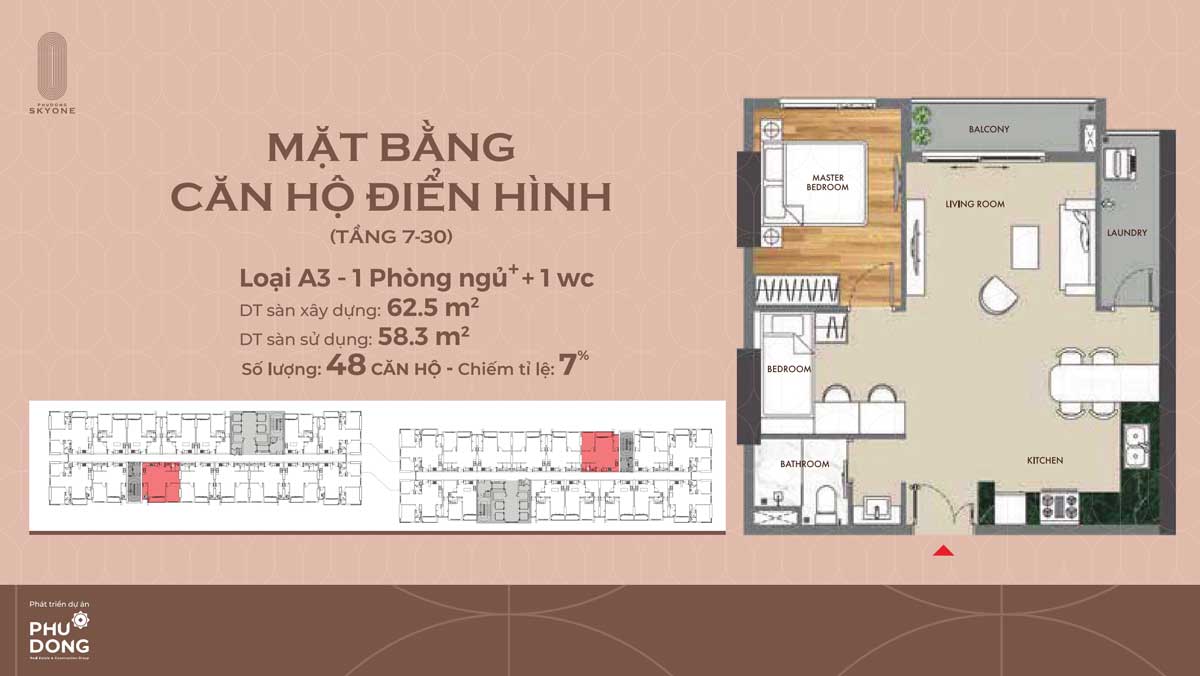 Thiết kế căn hộ 1 phòng ngủ Phú Đông Sky One