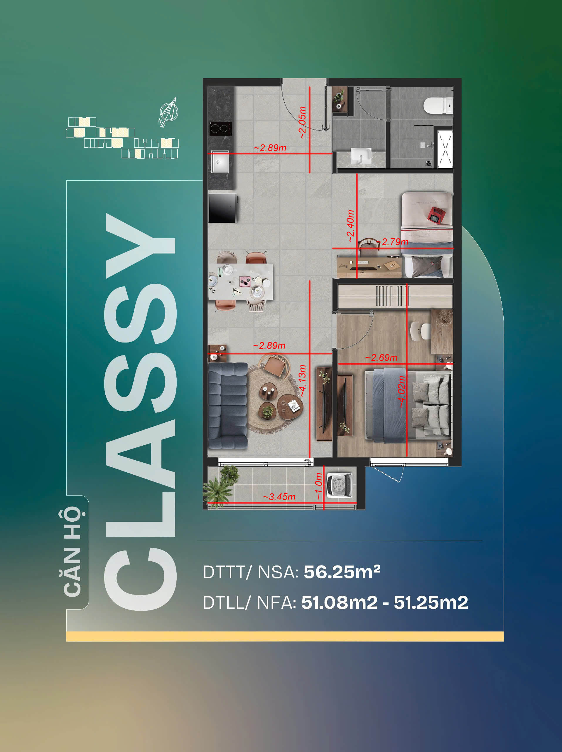 Kích Thước Chi Tiết Căn Hộ 1 Phòng Ngủ +