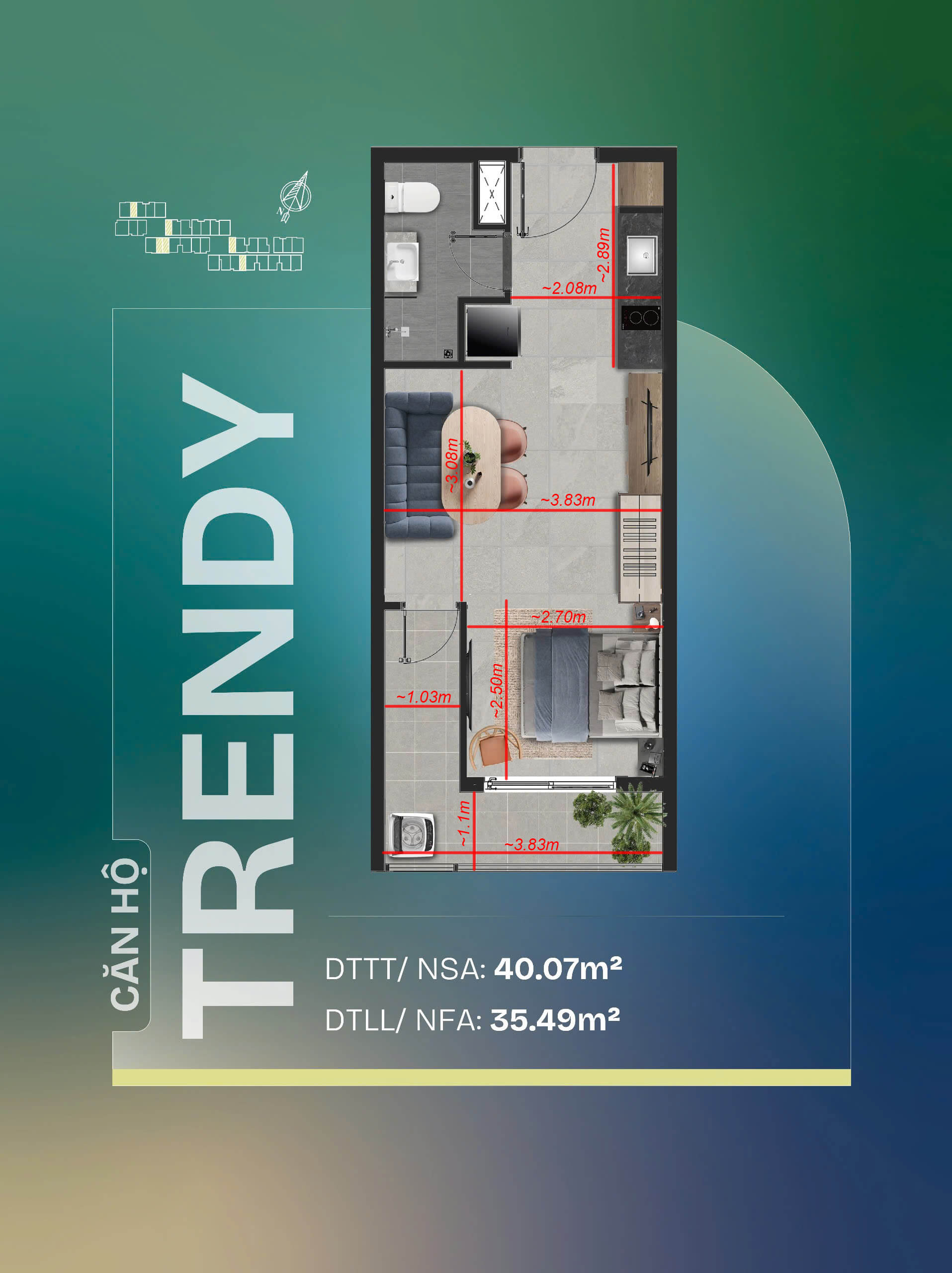 Kích Thước Chi Tiết Căn Hộ 1 Phòng Ngủ