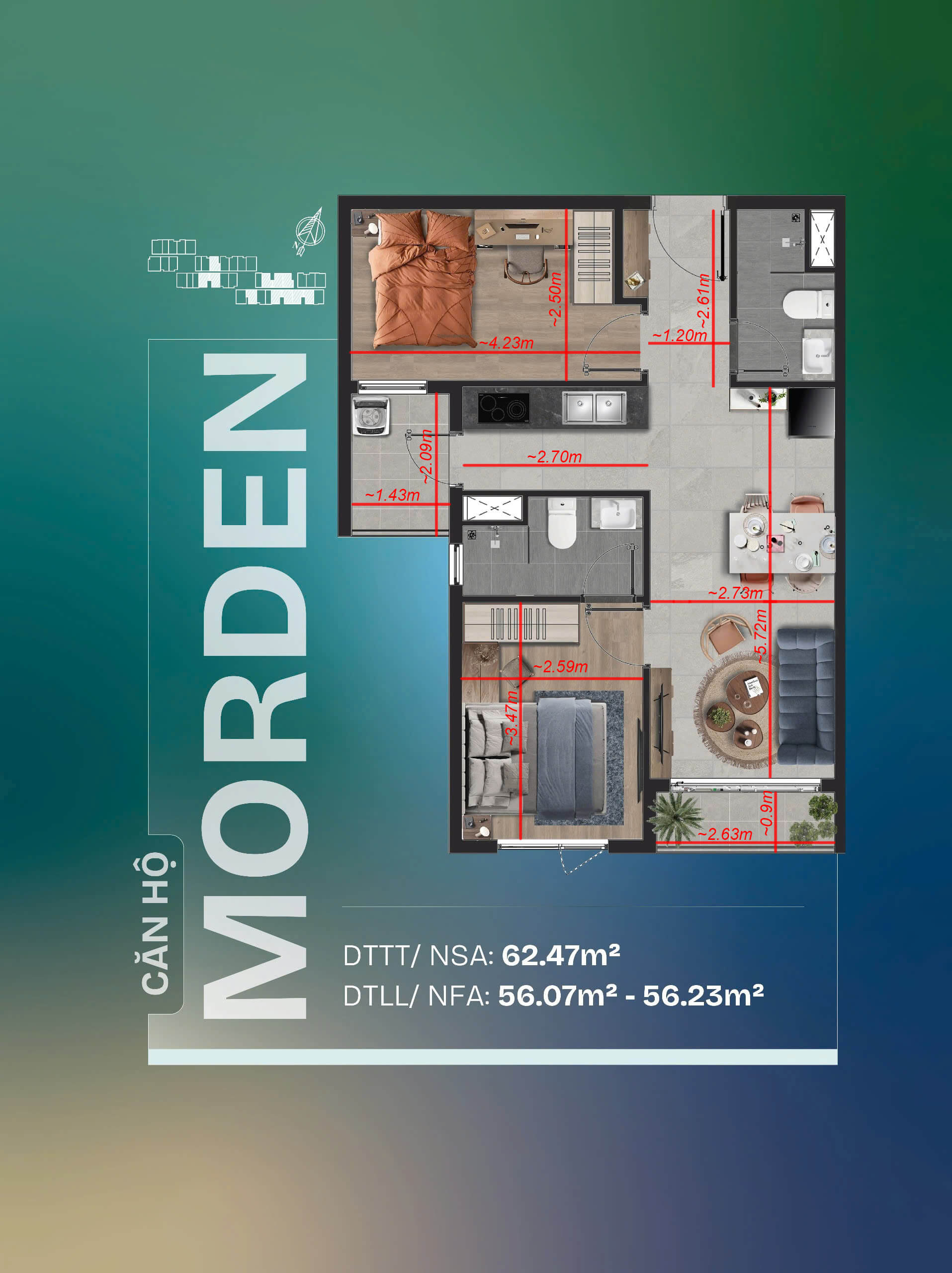 Kích Thước Chi Tiết Căn Hộ 2 Phòng Ngủ 