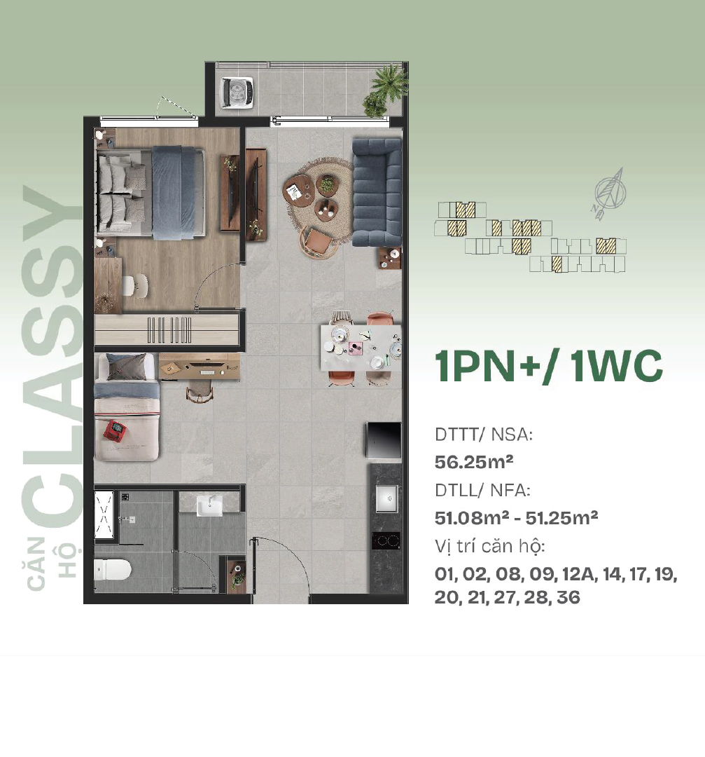 Layout Thiết Kế Căn Hộ 1 phòng ngủ +