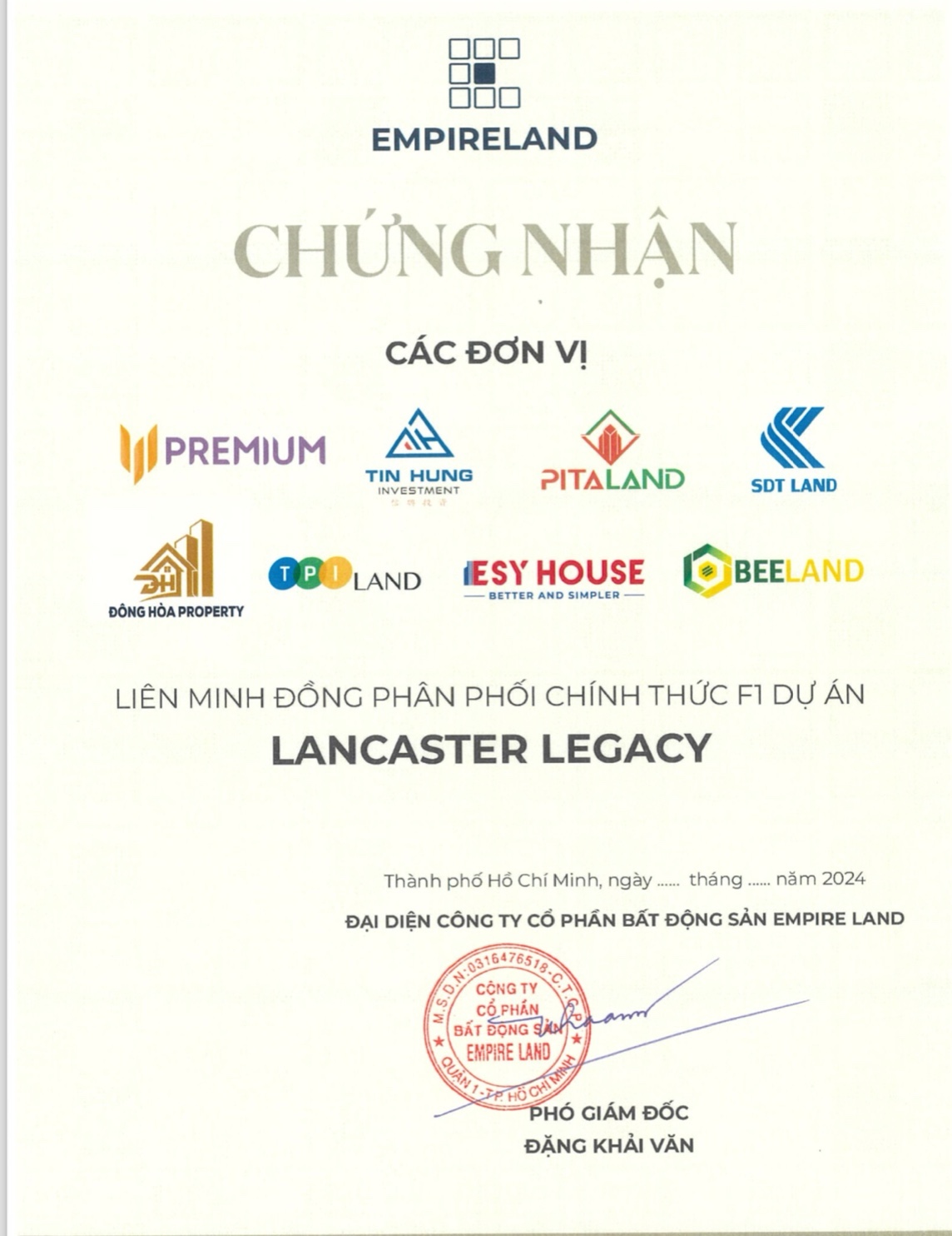 Chứng Nhận Đại Lý Phân Phối Chiến Lược Dự Án Lancaster Legacy