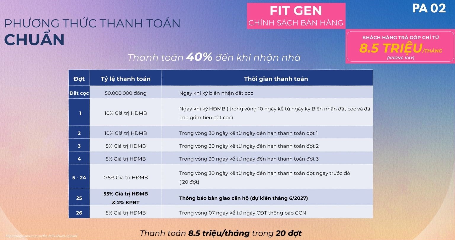 Chính sách thanh toán mua nhà The Felix C Holdings 05/2025 - Phương thức thanh toán chuẩn